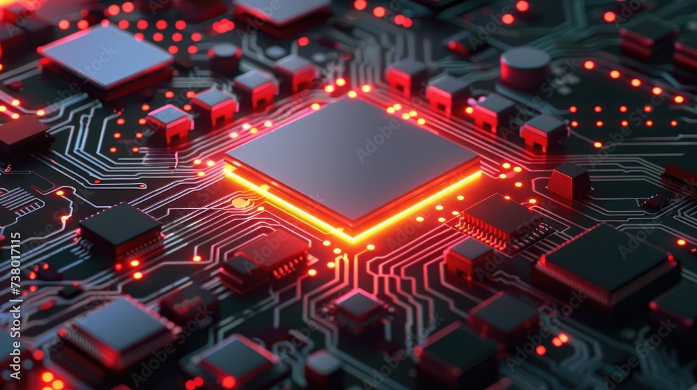 Fototapete Digital data moving on circuit board and integrated microchip backgrounds. Computer processing and organizing data. High tech Artificial intelligence and modern computer technology surface