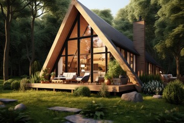 Eco wooden small house near forest, sustainable architecture
