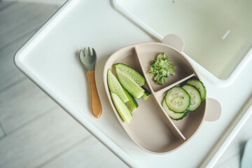 Sliced cucumbers of different types in a baby’s plate for first feeding