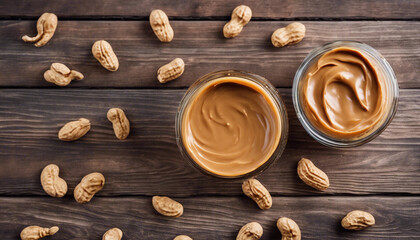Make peanut butter with paste in glass bowl on wooden background top view copy space

