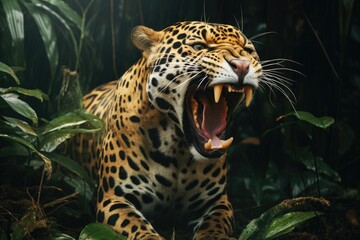Roaring jaguar in the rainforest