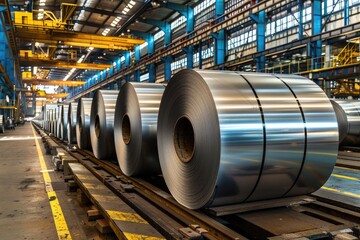 Rolls of galvanized steel sheet inside the factory or warehouse. Industrial production