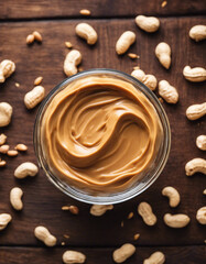 Make peanut butter with paste in glass bowl on wooden background top view copy space
