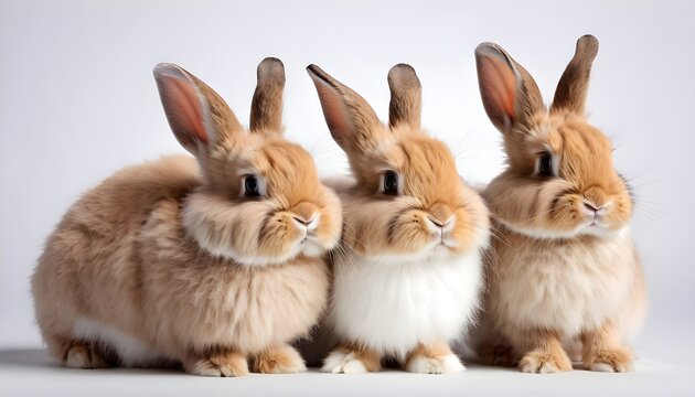 three fluffy rabbits on a white isolated background, a concept for the Easter holiday