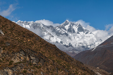 View of Nuptse, Mount Everest, Lhotse on the way from Pangboche to Dingboche during EBC Everest Base Camp or Three passes trekking in Nepal. Highest mountain in the world.