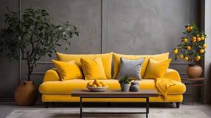 Gray Sofa with Yellow Throw Pillows