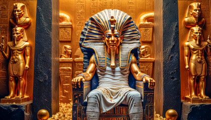 Fototapeta premium The beautiful Egyptian goddess-pharaoh Tutankhamun sits on a golden throne in the temple of Thebes
