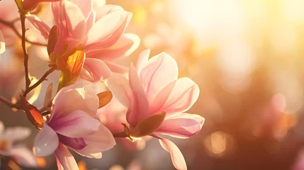 Foto op Plexiglas flowering magnolia blossom on sunny spring background, close-up of beautiful springtime flora, floral easter background concept with copy space © Ziyan