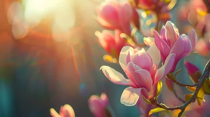 Foto auf Leinwand flowering magnolia blossom on sunny spring background, close-up of beautiful springtime flora, floral easter background concept with copy space © Ziyan