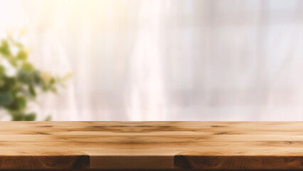 Empty wooden table and blurred background with a bokeh image. For product display