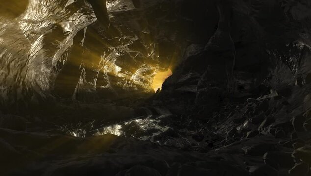 Dark cave with small water pond and rays of sun 

Cinematic view in 4K resolution, 2024
