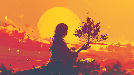 The silhouette of a person holding out her hand and arm sideways, holding a small tree and standing in front of the sun with a wide open landscape in the background. Warm simple colors and shapes - obrazy, fototapety, plakaty
