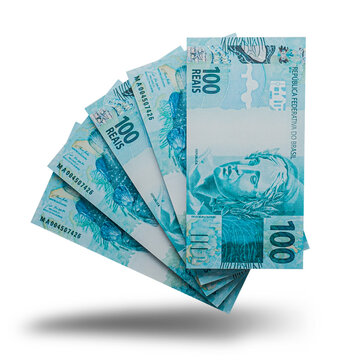 3D rendering of Stacks of Brazilian Money 100 Reais Banknotes