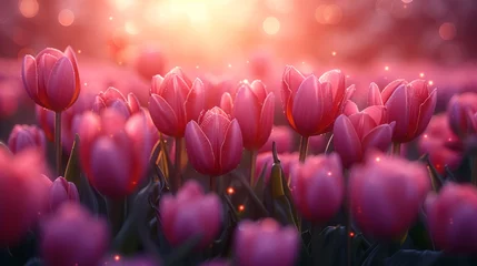 Foto op Plexiglas A field of pink tulips with the sun in the background © Maria Starus