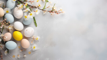 Minimalistyczne jasne tło na życzenia Wielkanocne. Alleluja - Wesołych świąt Wielkiej Nocy. Jajka, koszyczek, kwiaty i inne wiosenne dekoracje.