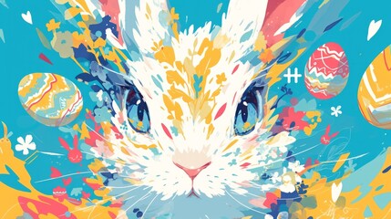 Fototapeta na wymiar A painting of a white rabbit surrounded by easter eggs