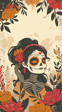 A woman with a sugar skull make up in a floral frame