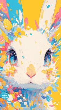 A painting of a white rabbit with colorful spots