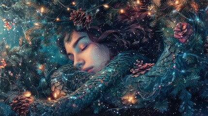 A woman is sleeping under a christmas tree