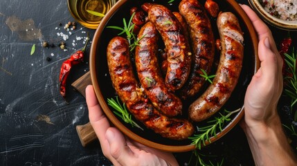 A person holding a bowl filled with sausages