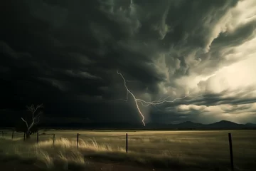Fotobehang Majestic lightning strike in a desert landscape, great for illustrating extreme weather articles or as a metaphor in motivational content © Blue_Utilities