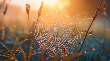 A spiderweb adorned with morning dew in a sunlit glade