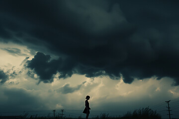 Solitary figure under brewing storm, evocative image for mental health awareness, solitude themes or poetic expressions - obrazy, fototapety, plakaty