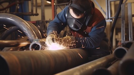 Skilled welder assembling durable pipelines for infrastructure projects while using his welding machine with great responsibility.