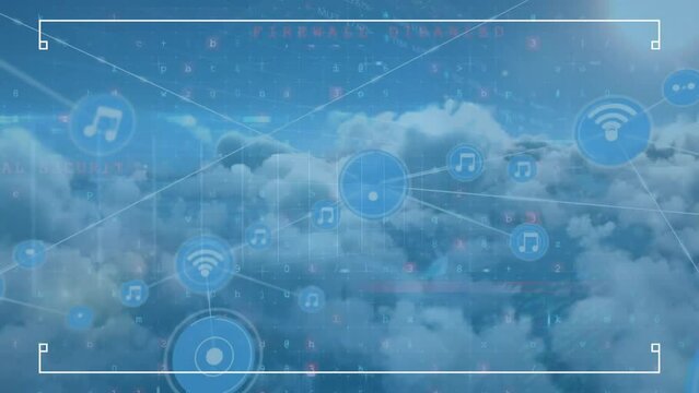 Animation of network of connections with icons over clouds