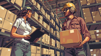 two individuals in a warehouse, one holding a clipboard and the other carrying a box. They are both wearing helmets and casual work attire. The warehouse is well-lit and has tall shelves stocked with  - obrazy, fototapety, plakaty