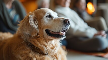 A gentle and calming yoga session at a retirement home the residents smiling as a trained therapy dog makes the rounds providing comfort and companionship.