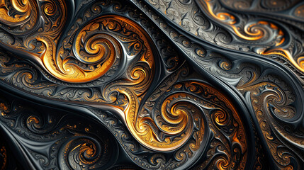 A stunning 3D abstract wallpaper featuring intricate patterns of dark golden and black swirls