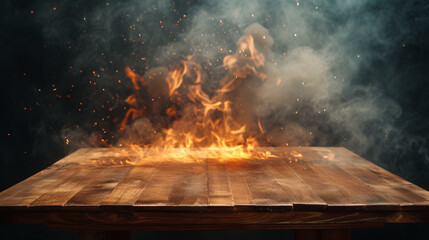 A wooden table with flames blazing at its edge - obrazy, fototapety, plakaty