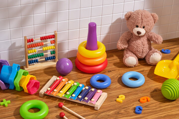 Toys for kids and play time. Childhood and educational toys.