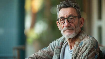 A middle-aged man with gray hair and a gray beard looks at the camera and smiles. Retired life concept. Free time for a pensioner. An elderly well-groomed man.