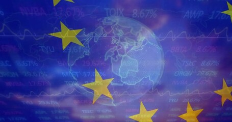 Animation of financial data processing over globe and flag of european union - Powered by Adobe