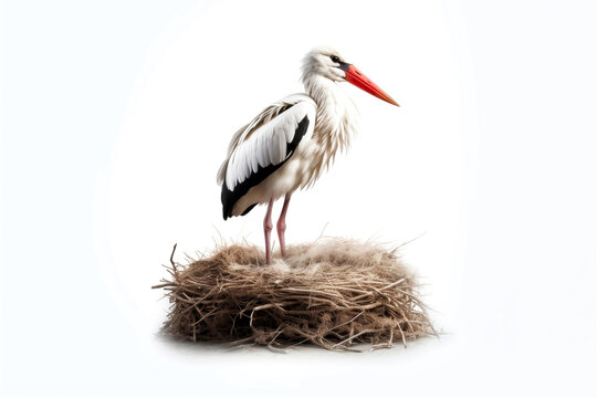 one stork in large nest isolated on white background