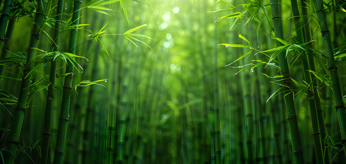 Fototapeta na wymiar Close up of green bamboo forest background with copy space