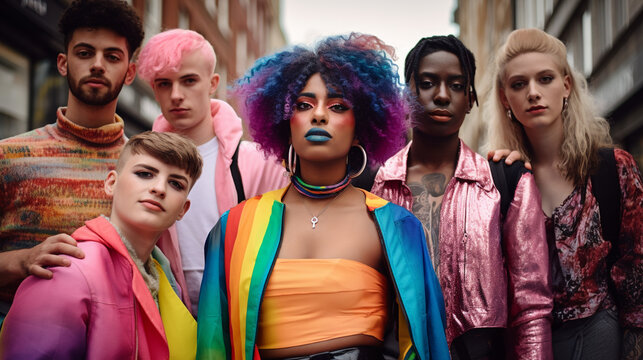 LGBTQ+ community People standing in front of a colorful rainbow background Generation Z