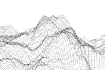 Abstract wireframe mountain peaks with 3D grid waves on a white background