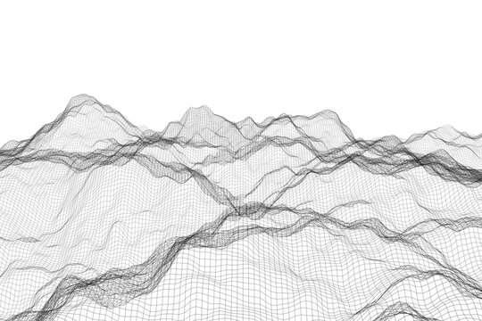 Abstract 3D wireframe landscape with a mesh of dynamic waves, illustrating futuristic technology on a minimalist white background