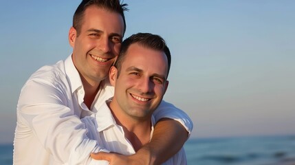 Loving gay couple having fun on the beach. Wrapped in warmth and love, they walk hand in hand, leaving behind imprints of their journey on the sandy beach.
