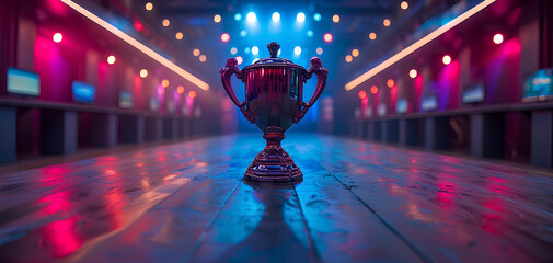 esports winner trophy standing on the stage in the middle of the arena video game championship