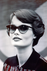 Classic retro fashion portrait of a woman with short hair and sunglasses 