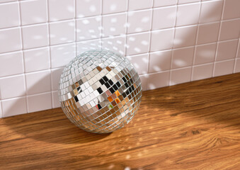 Mirror disco ball and club recreation. Copy space for text.