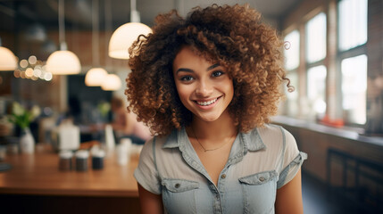 Radiant Young Woman Smiling in a Cafe - obrazy, fototapety, plakaty