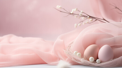 Minimalistyczne różowe tło na życzenia Wielkanocne. Alleluja - Wesołych świąt Wielkiej Nocy. Jajka, koszyczek, kwiaty i inne wiosenne dekoracje.