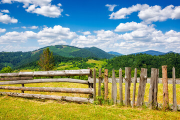 Fototapeta na wymiar wooden fence on the meadow. mountainous rural landscape of transcarpathia, ukraine in summer. carpathian countryside with forested rolling hill beneath a blue sky with white fluffy clouds at high noon