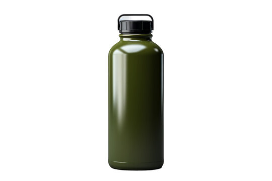 Green Stainless Steel Water Bottle. A green stainless steel water bottle is pictured on a plain Transparent background.