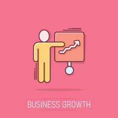 People with growth arrow icon in comic style. Work strategy cartoon vector illustration on isolated background. Office training splash effect business concept.